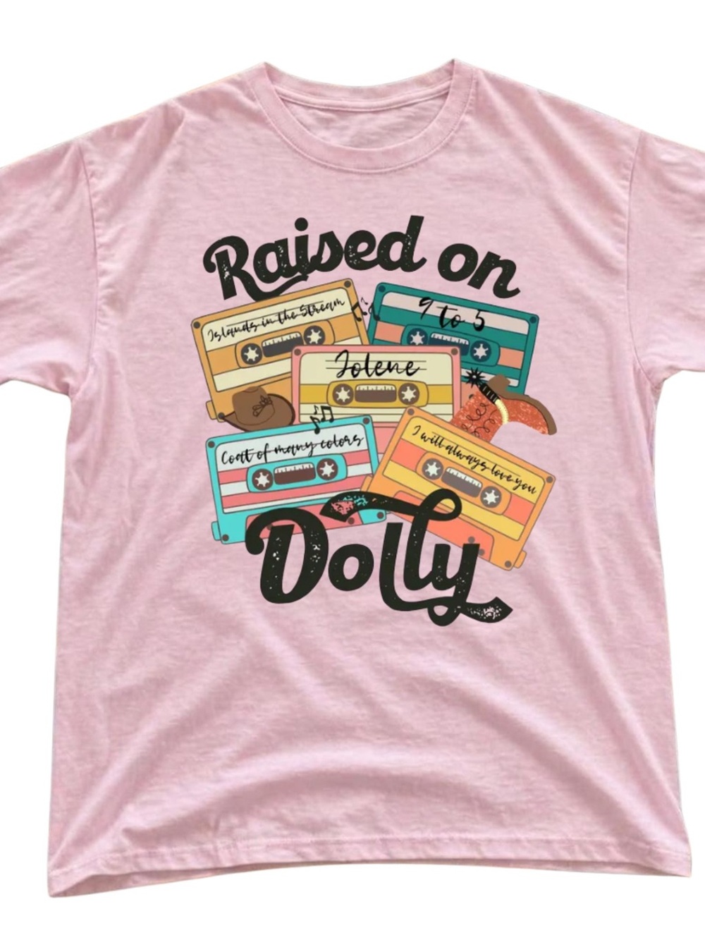 Gildan Pink 'Raised on Dolly' Graphic Tee with Colorful Cassette Design